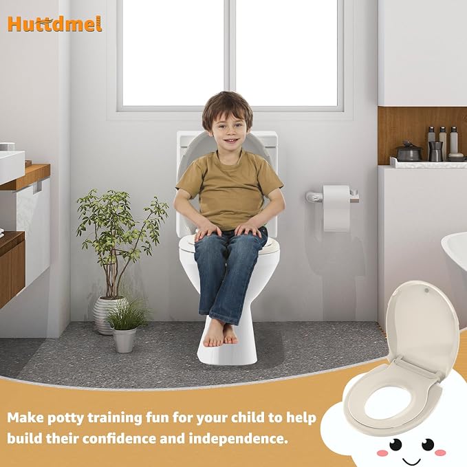 Potty Training Seat Built-in Toilet Seat, Round Toilet Seat 16.5inch with Baby Seat 2 in 1 Soft Close Quiet No Slapping, Magnetic Absorption, Easy Installation for Bottom Fixing Toilet,Almond