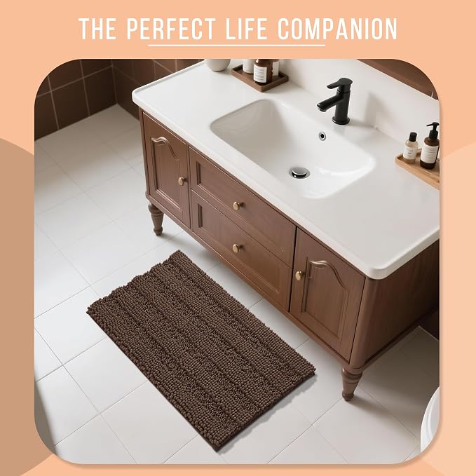 Yimobra Bathroom Rug Mat 32 x 20, Non Slip and Super Absorbent Bath Mat,Machine Washable Quick Dry,Ultra Plush Chenille Shower Rugs for Bathroom Floor Sink Tub and Shower Outside,Brown