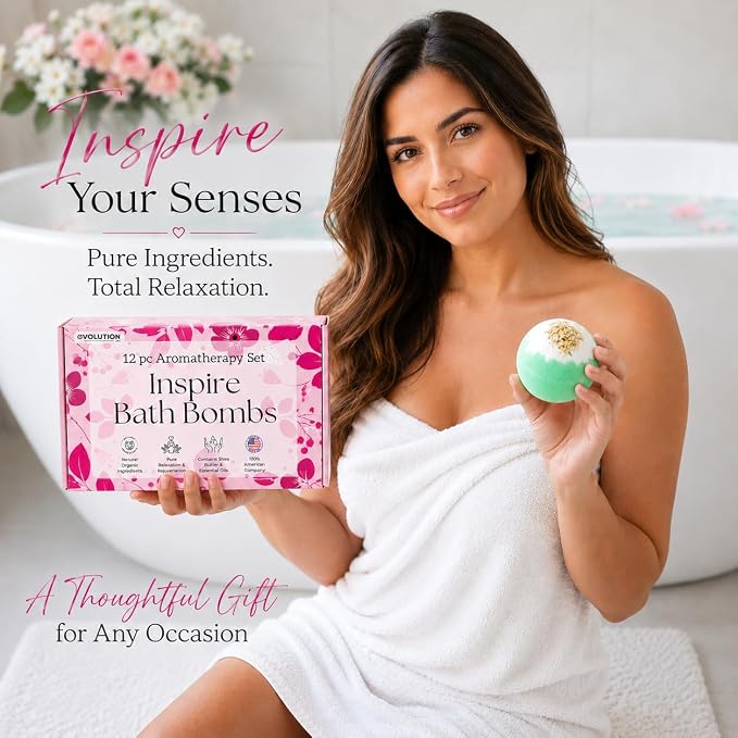 EvolutionUSA 12 Inspire Bath Bombs for Women & Girls – Flower Topped Bath Bombs Girls, Fun Bathbombs Set, Organic Bath Fizzers, Luxury Gift for Mothers Day, Birthday, Christmas, Easter or Self Care