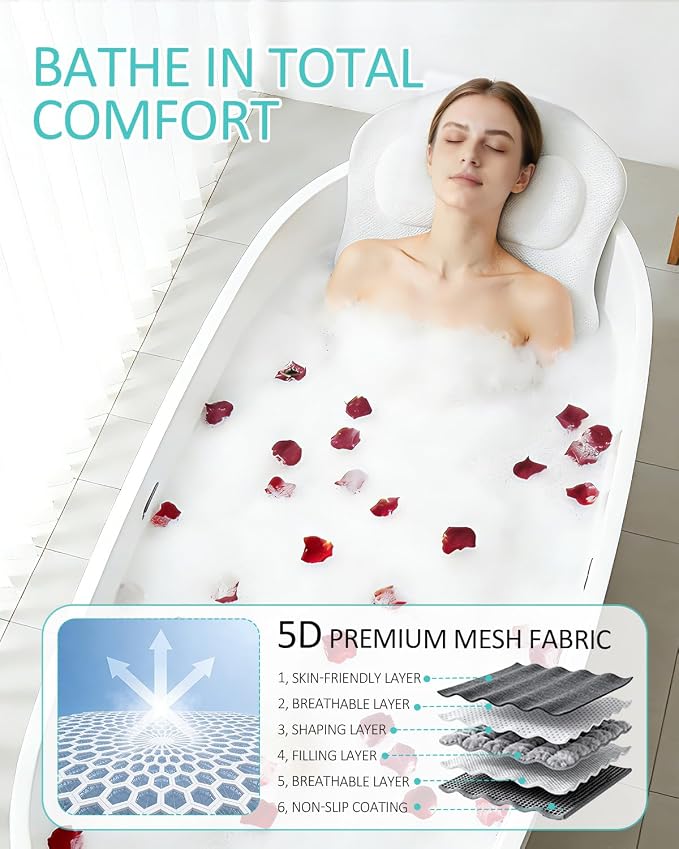 Full Body Bath Pillow for Bathtub, 5D Thick Tub Pillow for Bathtub with 192 Non-Slip Suction Cups, Laundry Bag & Hook, Bathtub Pillow for Head, Neck & Back Support (White, 51"*15")