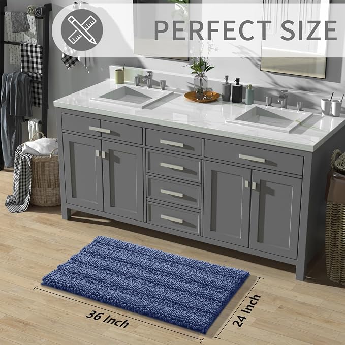 Yimobra Bathroom Rug Mat 36 x 24, Non Slip and Super Absorbent Bath Mat,Machine Washable Quick Dry,Ultra Plush Chenille Shower Rugs for Bathroom Floor Sink Tub and Shower Outside,Navy Blue