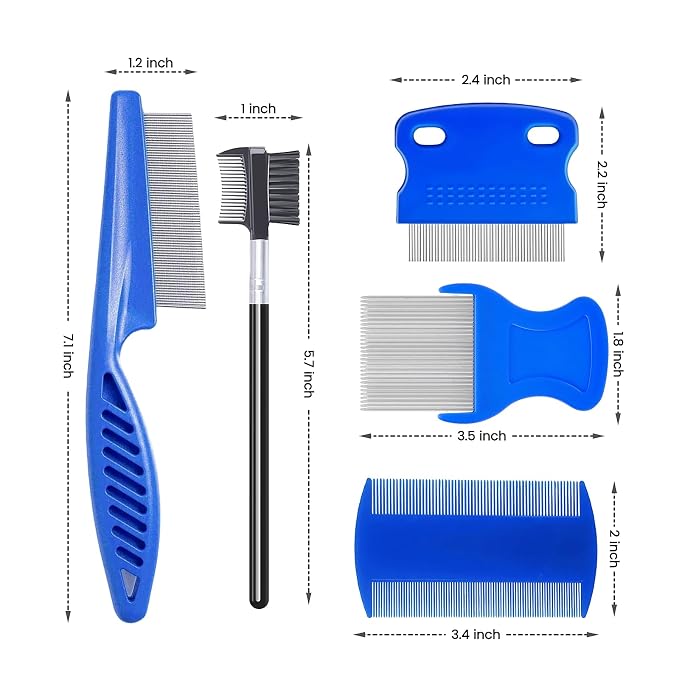 MEDUWEDU 5 Pack Flea & Lice Comb Set for Cats, Dogs & Kids – Stainless Steel Fine Tooth Nit Comb Kit with Double-Sided Tear Stain Remover, Grooming Brush & Peine para Piojos for Thick Hair (Blue)