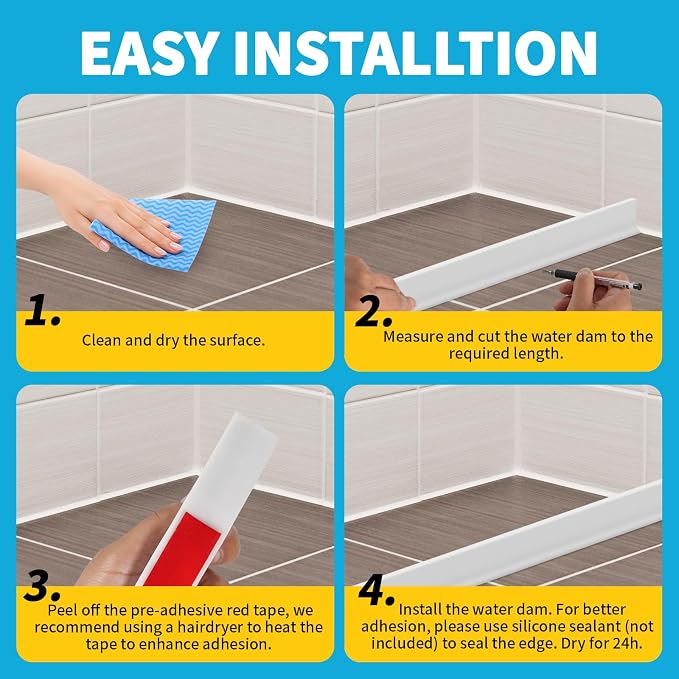 3.8'' High Shower Threshold Water Dam 39 Inch Collapsible Self Adhesive Shower Water Splash Guard Shower Water Blocker Wet and Dry Separation for Bathroom (67 Inch, White)