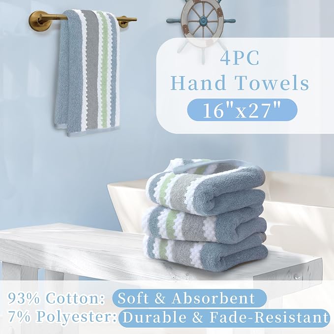 Waffle Hand Towels, 4PC 16"x27" - Cotton Polyester Blend | Quick Dry | Absorbent | Lightweight | Thick | Soft | 500GSM, Durable Striped Hand Towel for Bathroom, Navy Grey Green Stripe & White Checker