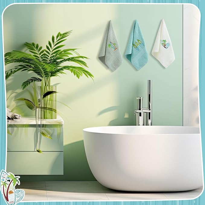 Hahafelt 3 Pack Summer Surfboard Hand Towels for Bathroom 100% Cotton Embroidered Beach Bathroom Towels 13.78 x 29.53 Inch Soft Absorbent (Green Series, Surfboard)