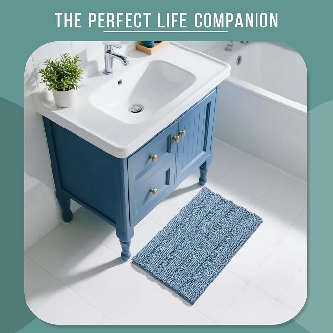Yimobra Bathroom Rug Mat 32 x 20, Non Slip and Super Absorbent Bath Mat,Machine Washable Quick Dry,Ultra Plush Chenille Shower Rugs for Bathroom Floor Sink Tub and Shower Outside,Denim Blue