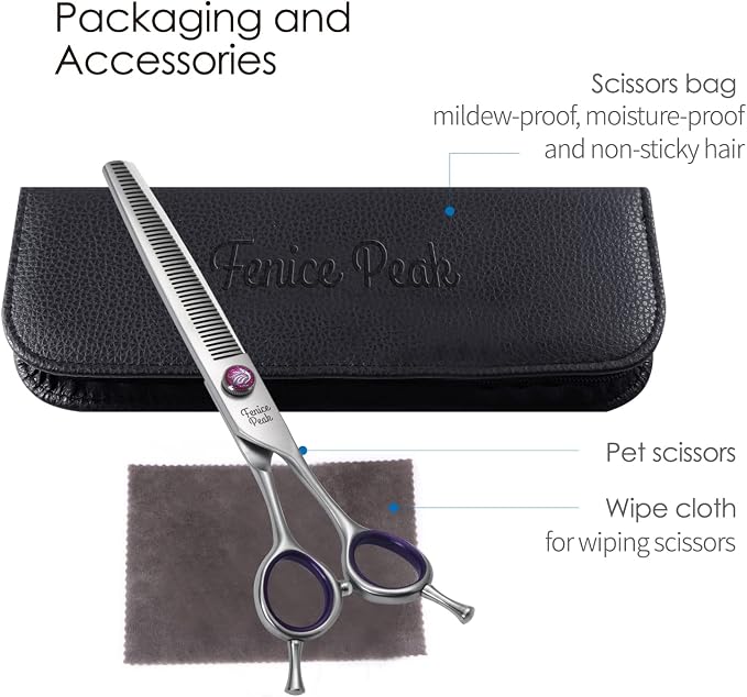 7'' Thinning Dog Grooming Scissors with Purple Finger Rings and Flashing Screw Professional 440C Stainless Steel Natural Color Pet Thinning Shears with Offset Handle Durable and Sharp