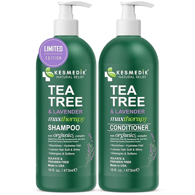 Tea Tree Lavender Shampoo & Conditioner Set with Mint & Rosemary, Cleanses, Cools & Soothes Dry, Itchy Scalp, Sulfate & Paraben-Free, For All Hair Types, 16 fl oz Each