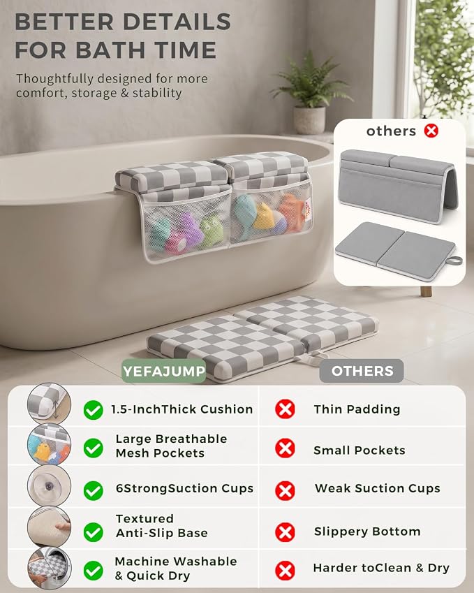 Bath Kneeler and Elbow Rest Pad Set - 1.5'' Thick Baby Bath Kneeler Pad, Foldable Memory Foam Kneeling Pad with 4 Toy Organizer Pockets, Quick Dry, Non-Slip, Checkered Pattern, Baby Bath Essentials