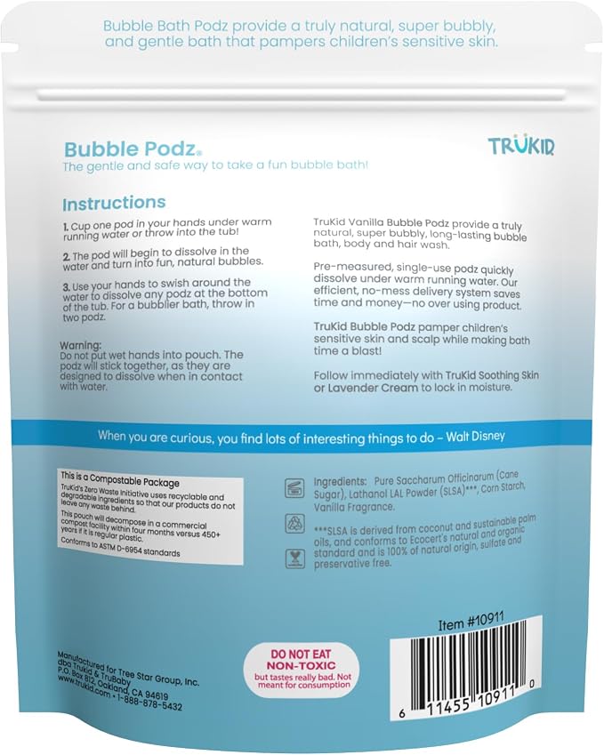 TruKid Bubble Podz Bubble Bath for Kids, Toddlers, & Babies, Tear Free Gentle & Refreshing Bath Bomb for Sensitive Skin with Natural Moisturizers, Non-Toxic, pH Balanced, Vanilla Scent (60 Podz)
