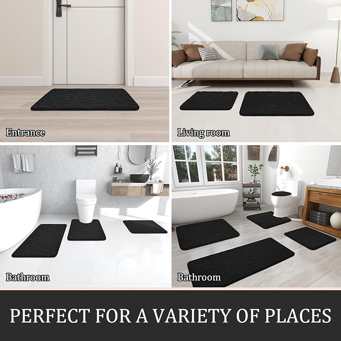 YIHOUSE Bathroom Rugs Mat Set, Memory Foam Bath Mat 2 Piece Black | 17x24&20x32, Non Slip, Water Absorbent, Washable, Bath Mat For Bathroom, Sink and Toilet