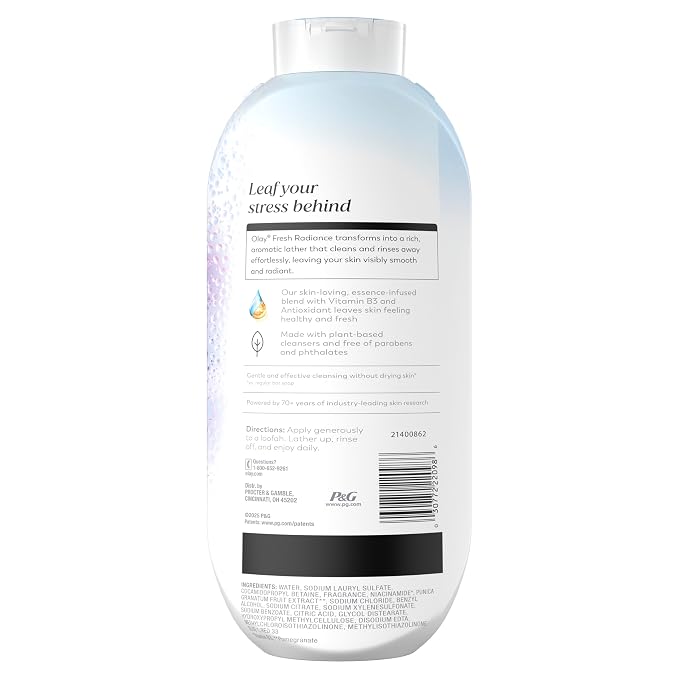 Olay Body Wash for Women, Fresh Radiance, 24/7 Skin-Loving Freshness, Visibly Radiant, Plant Based Cleansers, Vitamin B3 & Antioxidant Blend, For All Skin Types, Birch Water & Lavender Scent, 22 fl oz
