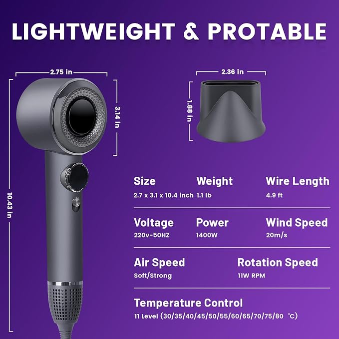 Hair Dryer, 110000 RPM High Speed Professional Hair Dryer, 2 Speeds and 11 Temps with HD Display, Low Noise Portable Hair Blow Dryer with Magnetic Nozzle for Home Travel Salon (Gun Grey)