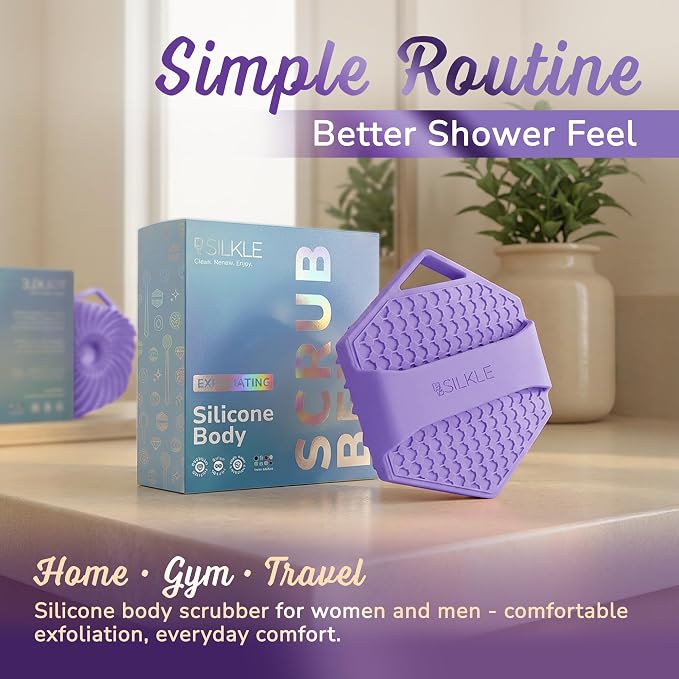SILKLE Silicone Body Scrubber – Gentle Exfoliating Shower Scrubber for Body & Bath, Silicone Shower Brush & Loofah Alternative – Non-Slip Silicone Body Brush, Quick Dry, Hygienic - Purple