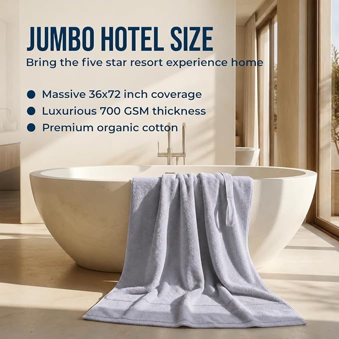 2 Pack Oversized Organic Cotton Bath Sheets 36x72 – Light Gray | Oversized 36x72 Organic Cotton Bath Sheets, 700 GSM Luxury Weight – Highly Absorbent, Quick-Dry, GOTS Certified 2 Pack