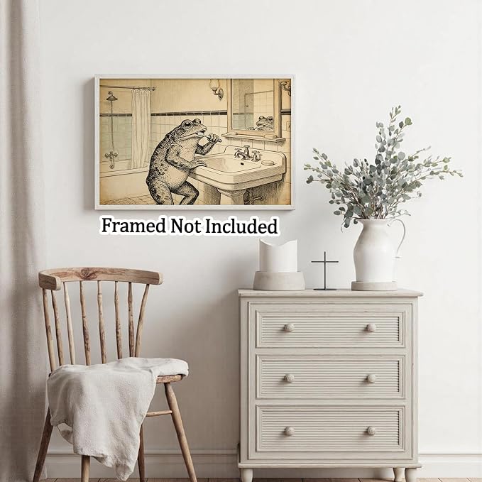 Vintage Frog Brushing Teeth Bathroom Wall Art Whimsical Toad Restroom Poster Antique Illustration Print Aesthetic Wall Decor for Powder Room Apartment Family Bathroom 8X12 in Black Framed