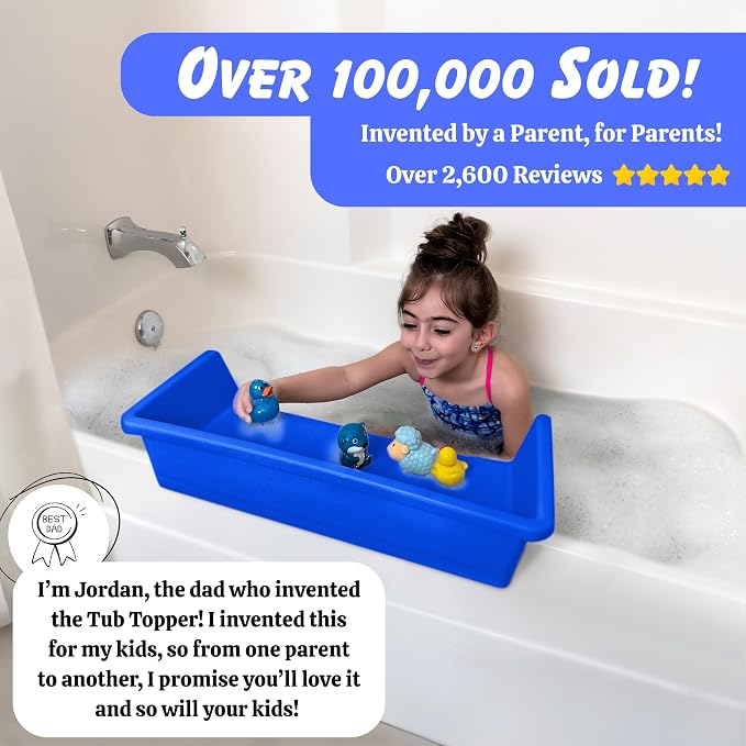 Tub Topper Mini Bathtub Splash Guard & Bath Shelf for Kids - Toy Tray, Blue | Toddler Storage Ledge, Patented Lip Design, Non-Silicone, BPA-Free, Easy to Remove & Clean, Made in USA