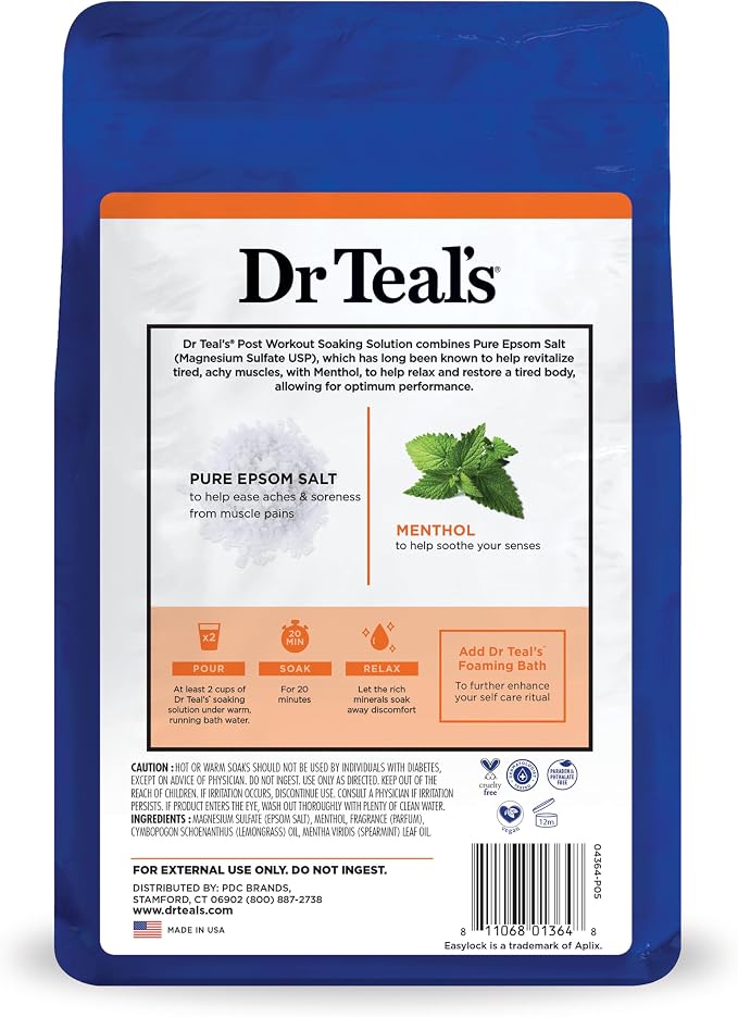 Dr Teal's Epsom Salt Magnesium Soak, Pre & Post Workout with Menthol & Essential Oils, 3 lbs (Pack of 4)