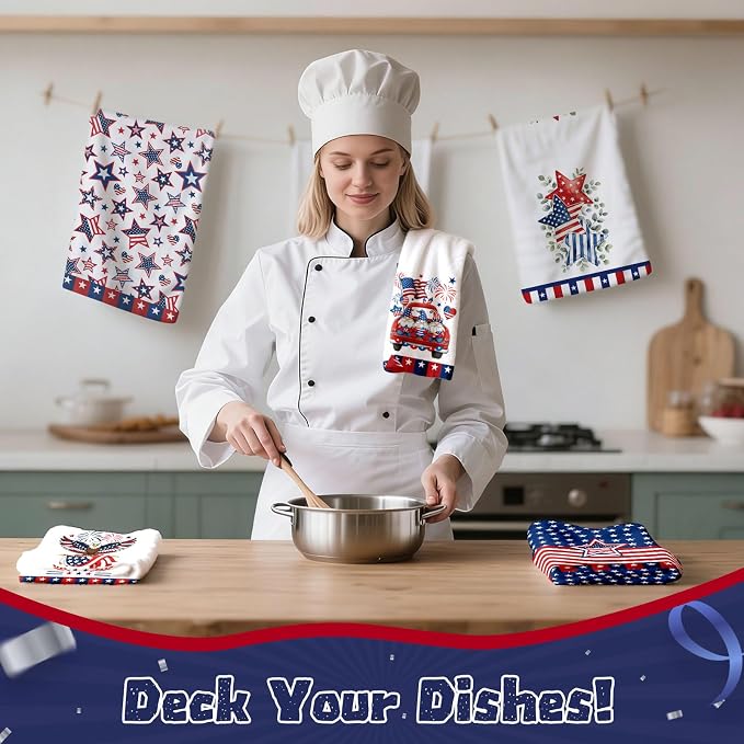 4th of July Kitchen Towels 6 PCS, Patriotic Vintage Hand Towel for Bathroom Home, Independence Day Tea Towels, Kitchen Dish Towel for Memorial Day, Blue American Flag Stars Eagle, 17 X 26in