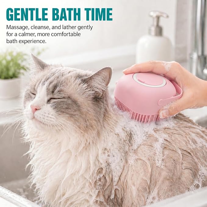 Soft Silicone Pet Bath Massage Brush for Dogs & Cats, Gentle Grooming Cleaning Tool for Puppy Kitten Washing, Pink