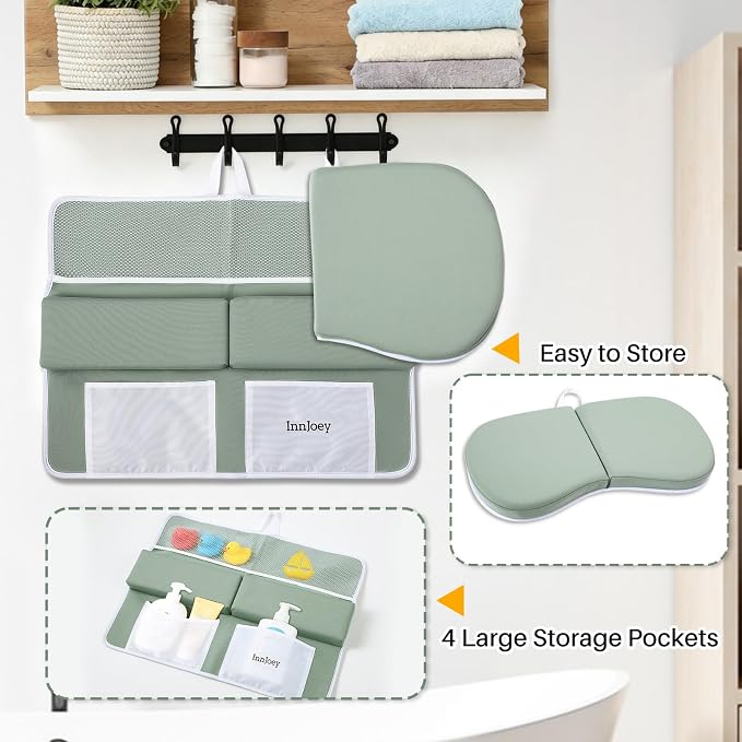 Kneeler and Elbow Rest Pad Set, 1.6'' Extra Thick Bath Support for Knees and Elbows, Memory Foam Bath Mat with Toy Organizer Pockets, Quick-Dry Kneeling Pad for Bathing Green