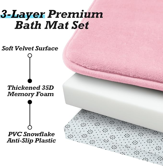 HUXMEYSON Bathroom Rugs Sets 2 Piece, Non-Slip & Quick Dry Bath Mat Set, Ultra Soft Velvet Bath Rugs for Bathroom, Toilet and Shower Floor, Rose Pink