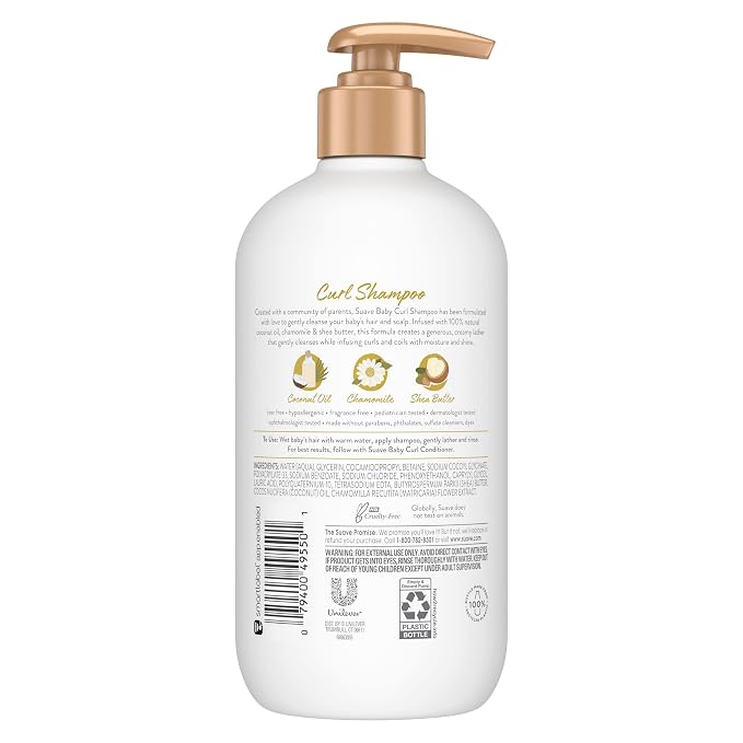 Suave Baby Curl Shampoo for Curly, Coily Hair, with 100% Natural Coconut Oil, Chamomile & Shea Butter No Parabens, Fragrance, Dyes 13.5 OZ