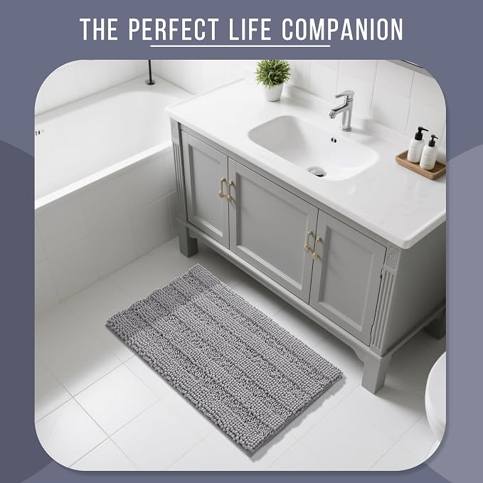 Yimobra Bathroom Rug Mat 32 x 20, Non Slip and Super Absorbent Bath Mat,Machine Washable Quick Dry,Ultra Plush Chenille Shower Rugs for Bathroom Floor Sink Tub and Shower Outside,Gray