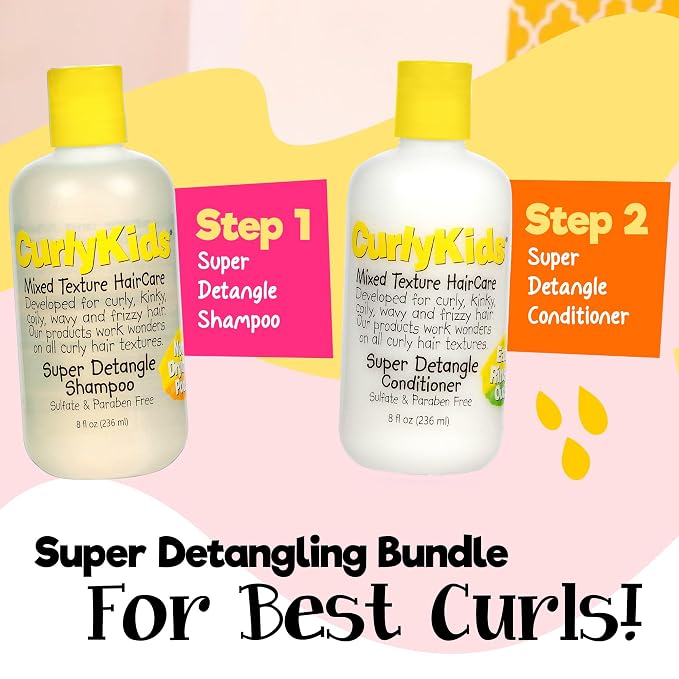 CurlyKids Super Detangle Kids Shampoo & Conditioner Set, Frizz-Free Care for Curly, Kinky, Wavy, and Frizzy Hair - Sulfate & Paraben-Free Hair Care