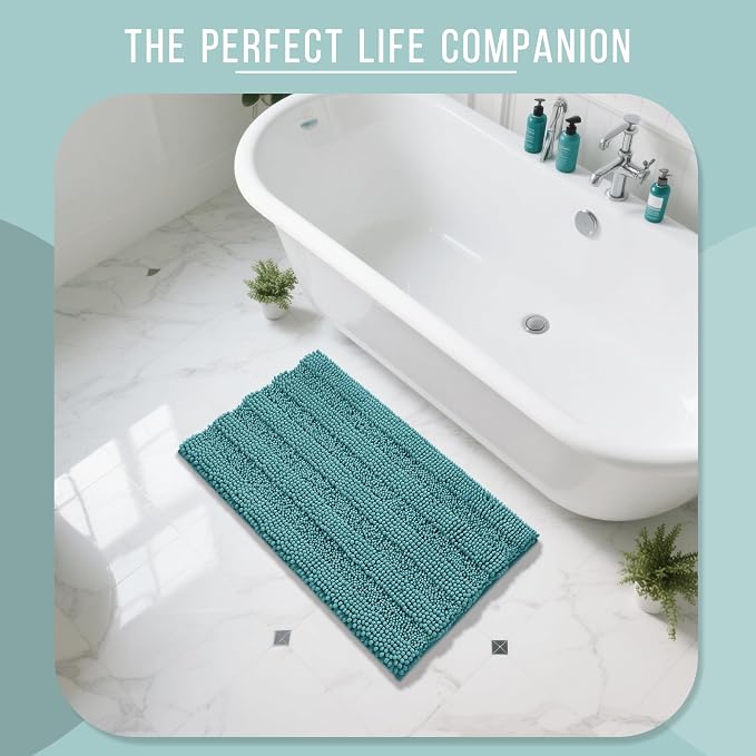 Yimobra Bathroom Rug Mat 36 x 24, Non Slip and Super Absorbent Bath Mat,Machine Washable Quick Dry,Ultra Plush Chenille Shower Rugs for Bathroom Floor Sink Tub and Shower Outside,Teal Blue