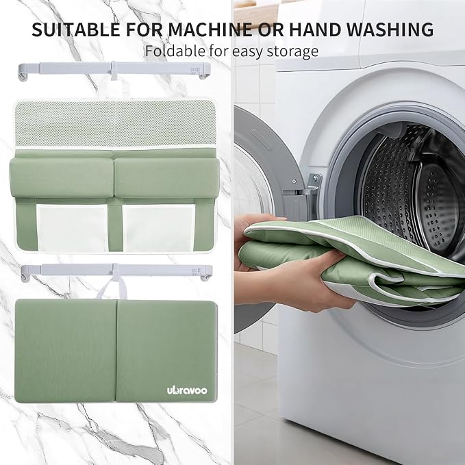UBRAVOO Baby Bath Kneeler with Elbow Rest Pad, Non-Slip Foam Mat, Quick-Drying Cushion, Foldable Bathtub Support with Toy Storage Pockets for Parents (Green)