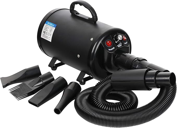 ZENY Dog Dryer, Pet Grooming Blower with Heater for Cat/Dog, 2400W Speed-Adjustable Pet Hair Dryer, with 4 Different Nozzles + 2 Filter, Black