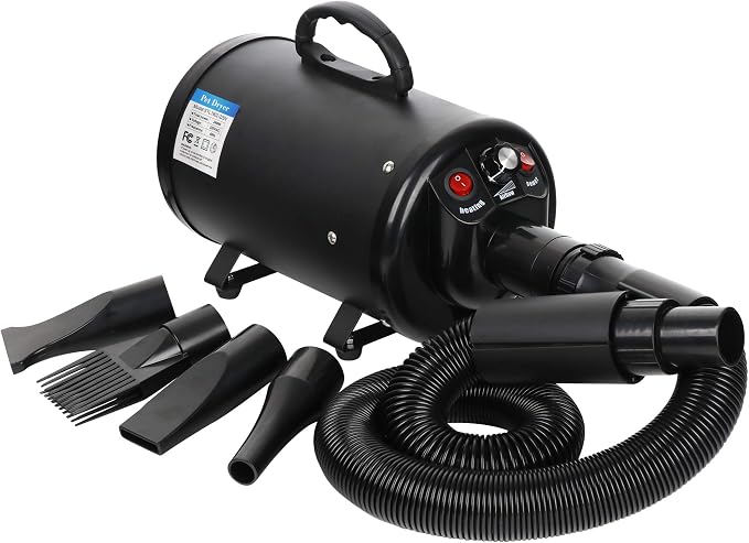 ZENY Dog Dryer, Pet Grooming Blower with Heater for Cat/Dog, 2400W Speed-Adjustable Pet Hair Dryer, with 4 Different Nozzles + 2 Filter, Black