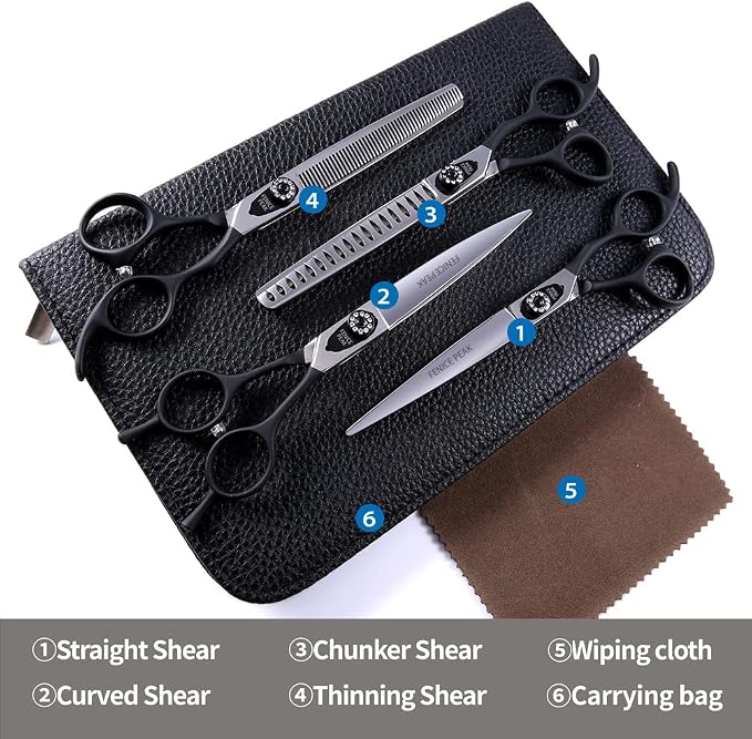 7.0'' Professional Dog Grooming Scissors Set with Black Non-Slip Handle 440C Stainless Steel Straight Thinning Curved Chunker Shears 4pcs Set for Pet Grooming Services