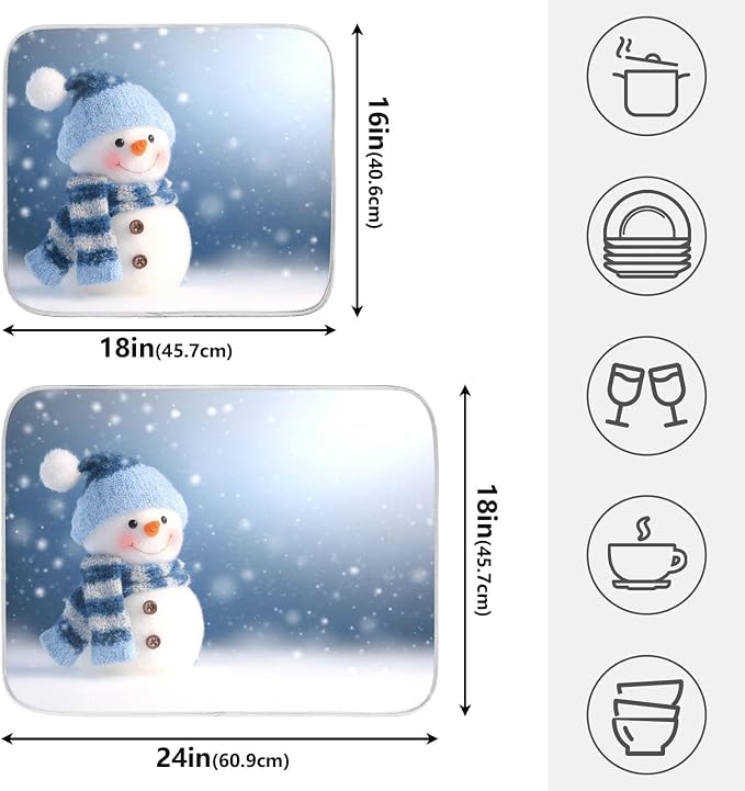 Cute Snowman Blue Dish Drying Mat, Absorbent Drainer Mats for Kitchen Counter Coffee Maker 18"x16"