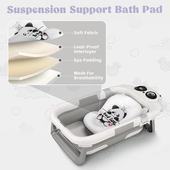 Foldable Baby Bathtub - 0-24M, Thermometer, Soft Cushion (Grey) | Folds Flat, Portable, Non-Slip Legs, For Newborn to Toddler, Space-Saving Design