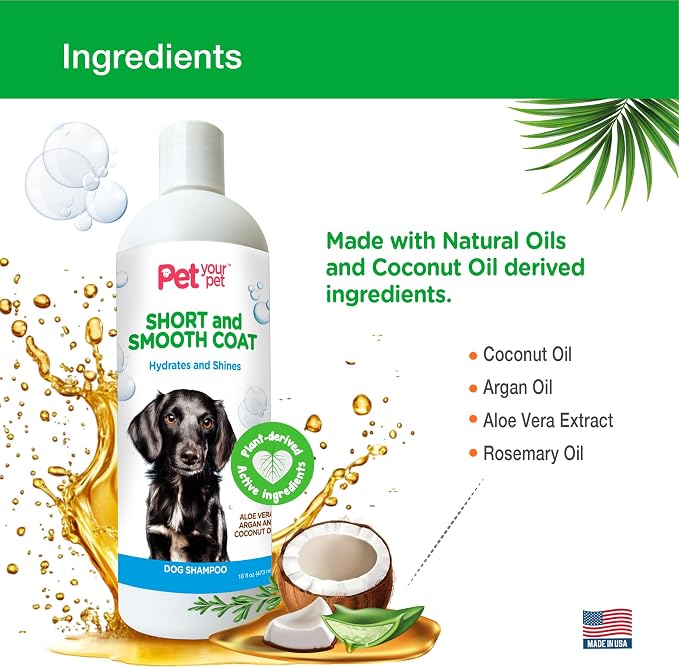 Natural Dog Shampoo for Short Coats – Hydrating Wash with Aloe, Argan & Coconut Oil – Deodorizing for Dachshunds, French Bulldogs & Boxers, Labrador Retriever – 16 oz