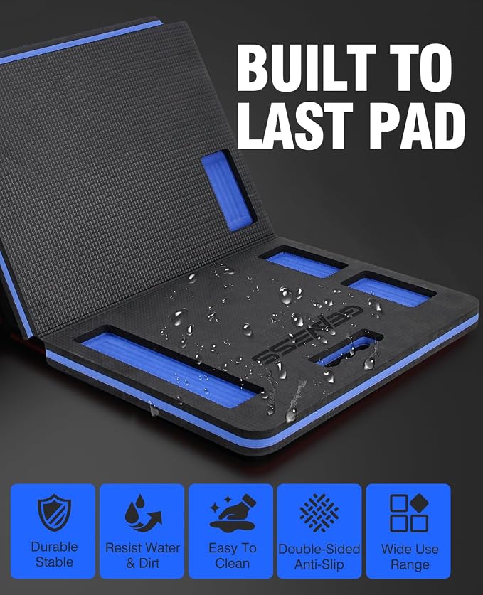 Foldable Kneeling Pad, 47.2" Large Supportive Mechanic Mat with Storage Strap & Tool Tray, Extra Thick Comfortable Foam Knee Pad for Gardening, Garage, Workshop Repairing