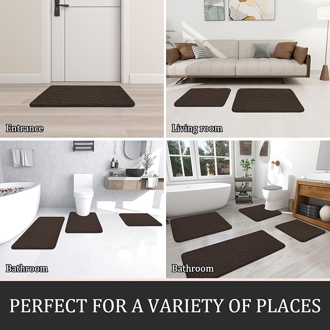 YIHOUSE Bathroom Rugs Mat Set, Memory Foam Bath Mat 2 Piece Brown | 17x24&20x32, Non Slip, Water Absorbent, Washable, Bath Mat For Bathroom, Sink and Toilet