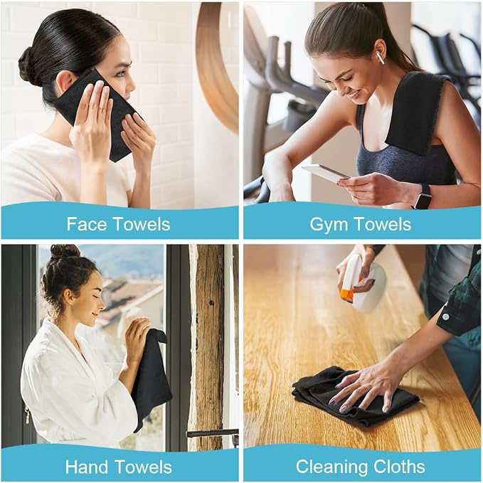 Orighty Wash Cloths, 10 Pack Face Towels, Soft Quick-Drying Washcloths, Multi-Purpose Microfiber Face Cloths for Bathroom, Gym, Spa, Hotel, Travel, 11.5"x11.5", Black