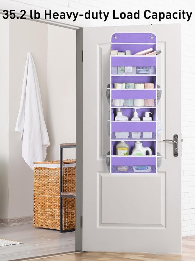 Yecaye Over the Door Organizer, 35.2lbs Load Toy Stuffed Animal Storage, Bathroom Organizers and Storage for Nursery Newborn Baby Essential Stuff Dorm Room Essentials, Purple 4 Tier