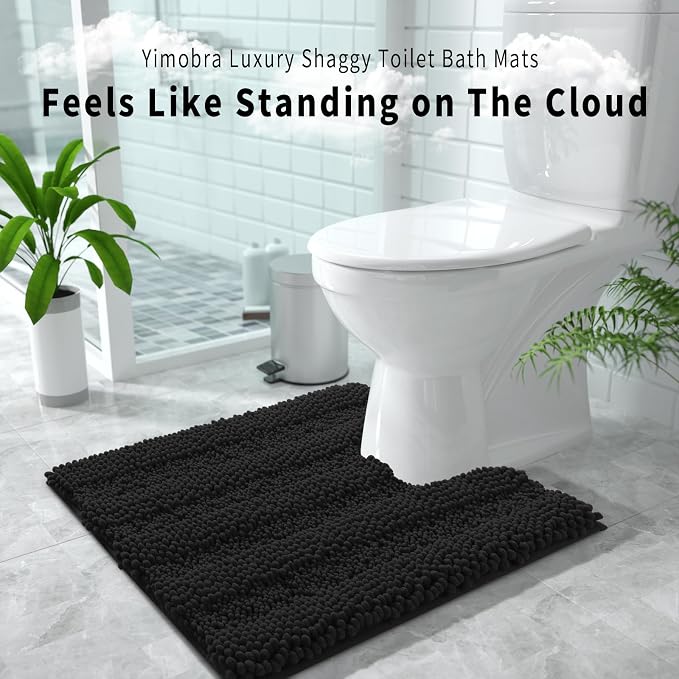 Yimobra Toilet Rugs U Shaped Washable 24 x 20, Non Slip and Super Absorbent Toilet Mat, Quick Dry, Ultra Luxury Microfiber Chenille Plush Fluffy Contour Bath Rugs for Toilet Base, Black