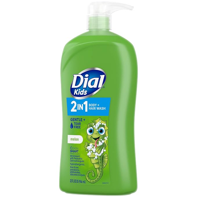 Dial Kids All-in-1 Body Wash + Hair + Bubble Bath, Melon Scent, 32 Fl Oz, Hypoallergenic Body Wash & Shampoo, No Tears Formula for Kids 2+ Years, No Parabens & Silicones (Pack of 2)
