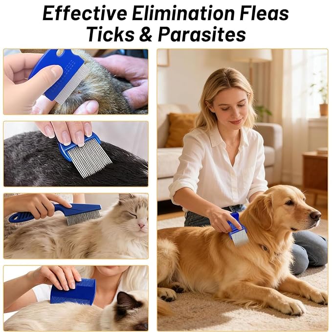 6 Pcs Flea Lice Comb for Cats Dogs, Blue | Stainless Steel, Rounded Teeth, Tear Stain Remover, Dematting Brush, Professional Pet Grooming Kit