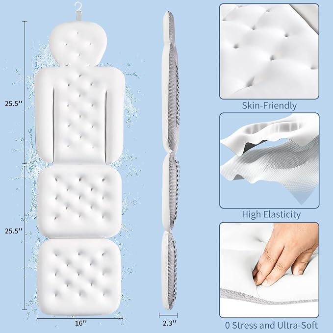 Luxury Bath Cushion, Full Body Bathtub Pillow with 160 Suction Cups, Bath Mat for Head and Neck Support, with Laundry Bag (White, 51" x 16")