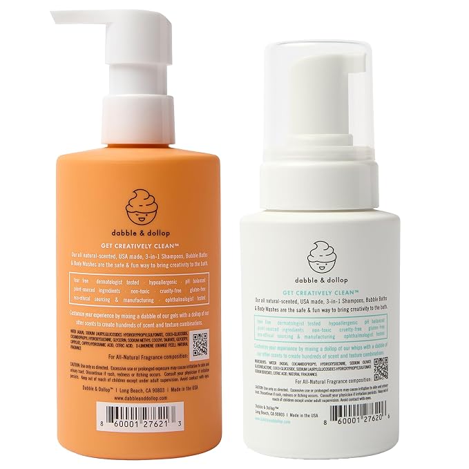Dabble & Dollop Tangerine + Vanilla Kids 3-in-1 Body Wash, Shampoo & Bubble Bath Bundle – Gel + Foam Whip Set, Tear-Free, Gentle, Natural-Origin, Hypoallergenic and Safe for Sensitive Skin (Pack of 2)