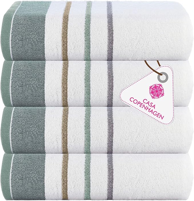 CASA COPENHAGEN White Bay 4Pcs 100% Egyptian Cotton Large Designer Towels Gift Set- Grey - Sea Grass, 600 GSM, 55"x27", 4Bath Towels for Bathroom (Box Pack, Set for Women & Men)