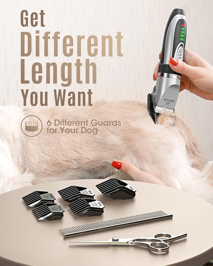 oneisall Low Noise 2-Speed Quiet Dog Grooming Kit - Rechargeable Cordless Pet Hair Clipper Trimmer Shaver for Small and Large Dogs, Cats and Animals (Silver)