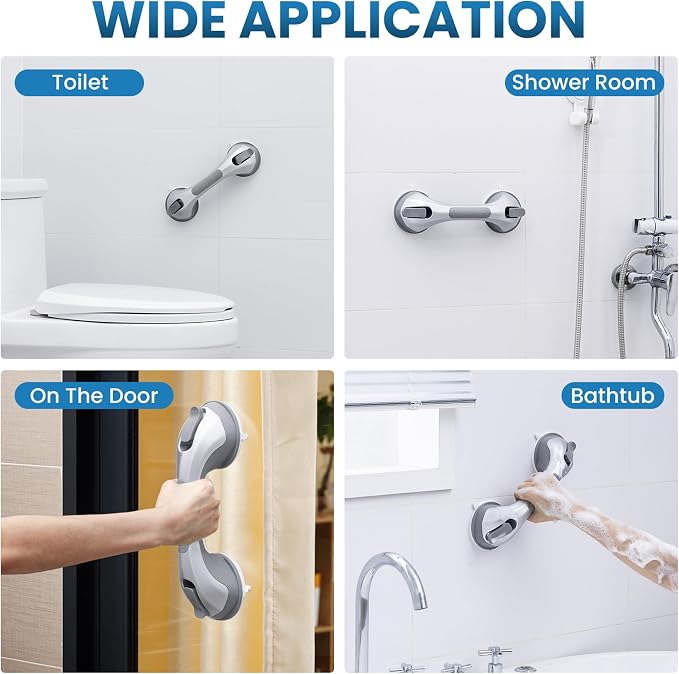 LEVERLOC Grab Bars for Shower Suction Bathtub Safety Rails, Heavy Duty 12 Inch Shower Handle Removable Bath Handrails for Seniors and Elderly, Bathroom Safety Grip No Drilling Waterproof Silver