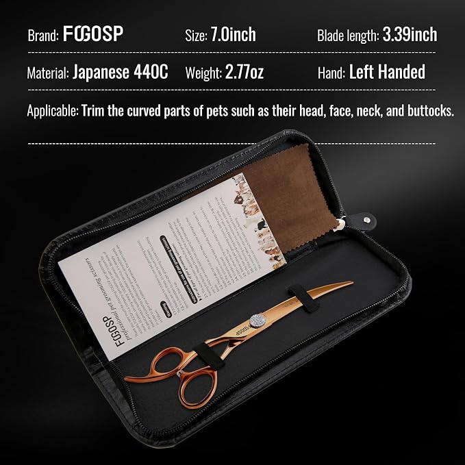Professional Left Handed Curved Dog Grooming Scissors 7'' Downward 30° Rose Gold Titanium Japan 440C Pet Grooming Trimming Shears for Large Dog Poodle(7,Curved)
